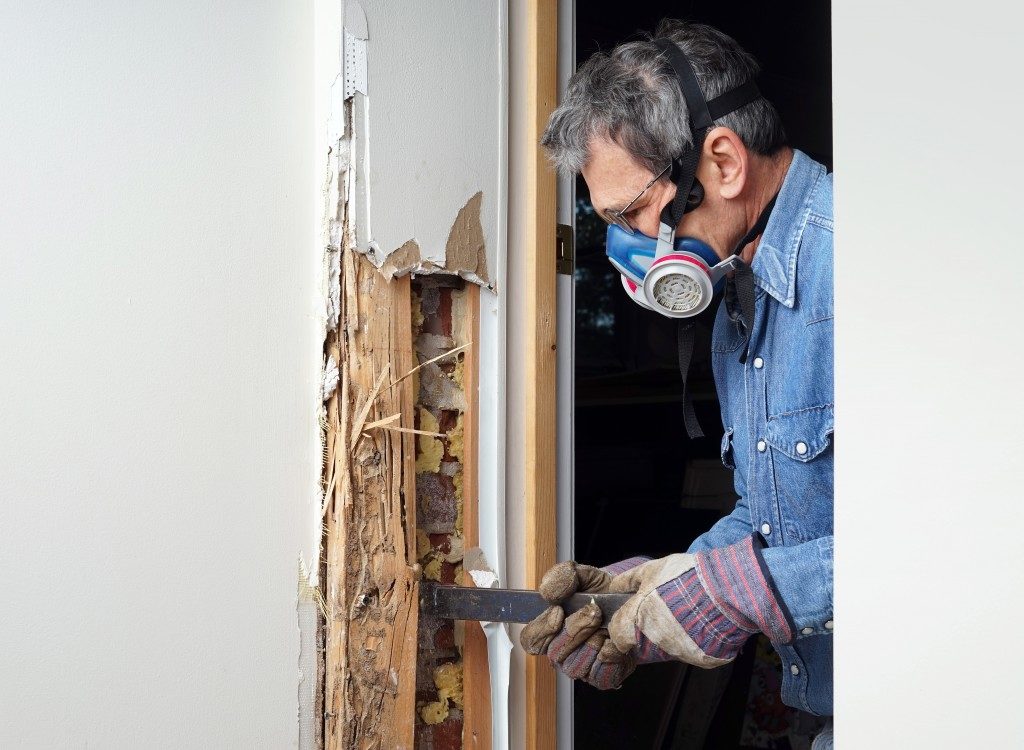 Man removing wood damaged by termite infestation in house